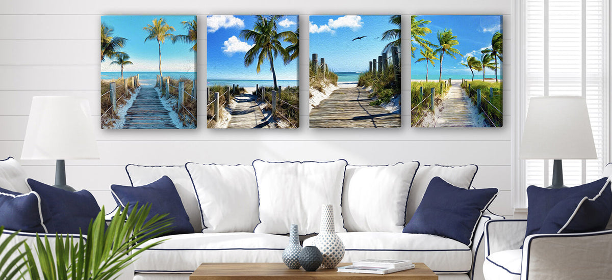 Key West artwork displayed in a bright coastal living room