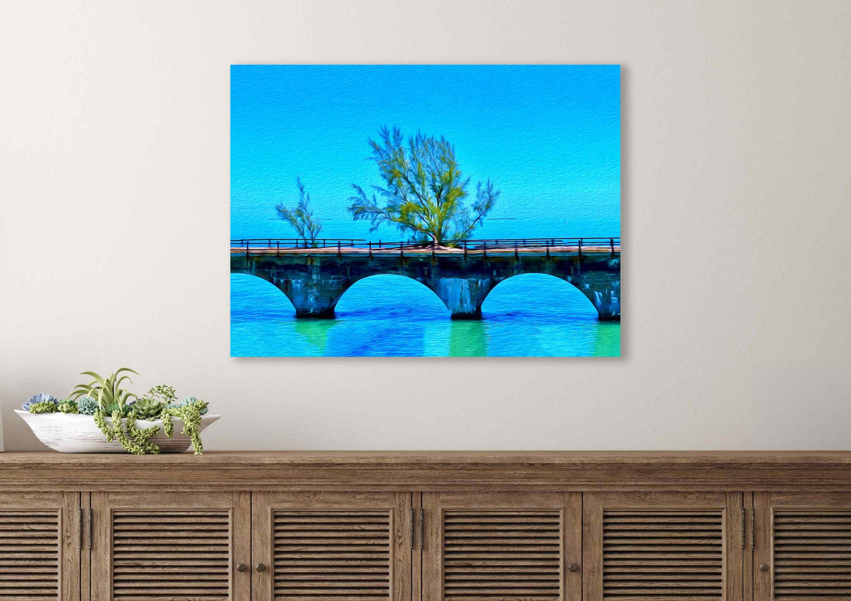 Fred artwork at 40"x30" above a coastal cabinet.
