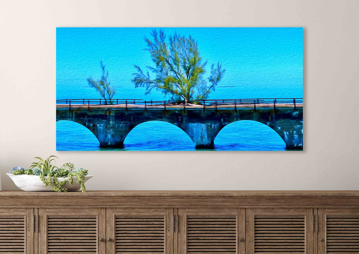 Fred artwork at 60"x30" above a coastal cabinet.