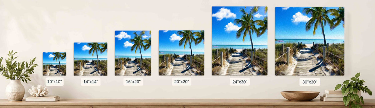 Canvas artwork size comparison: 10"x10", 14"x14", 16"x20", 20"x20", 24"x30", and 30"x30".