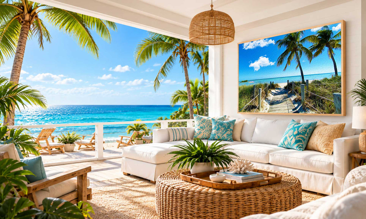Key West artwork displayed in a bright coastal living room